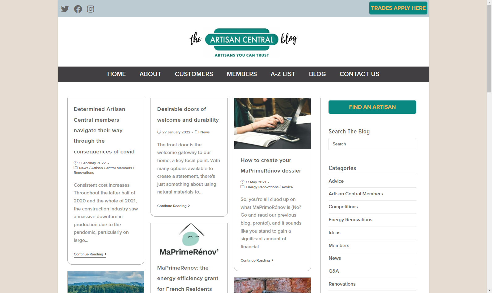 A screenshot of the Artisan Central blog page showing the menu, list of categories and the latest blog posts.