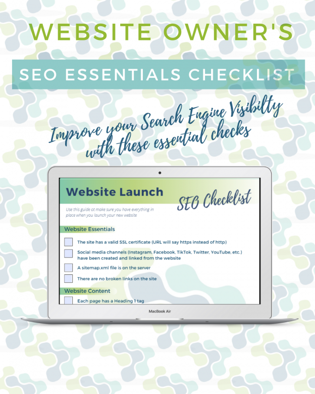 An images of the SEO checklist displayed on a laptop with the title Website Owner's - SEO Essentials Checklist: Improve your Search Engine Visibility with these Essential Checks