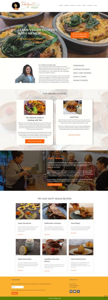 A screenshot of the full Indulgent Vegan home page showing the hero section, the introduction to Natalie, links to her live courses, and the recipes section.